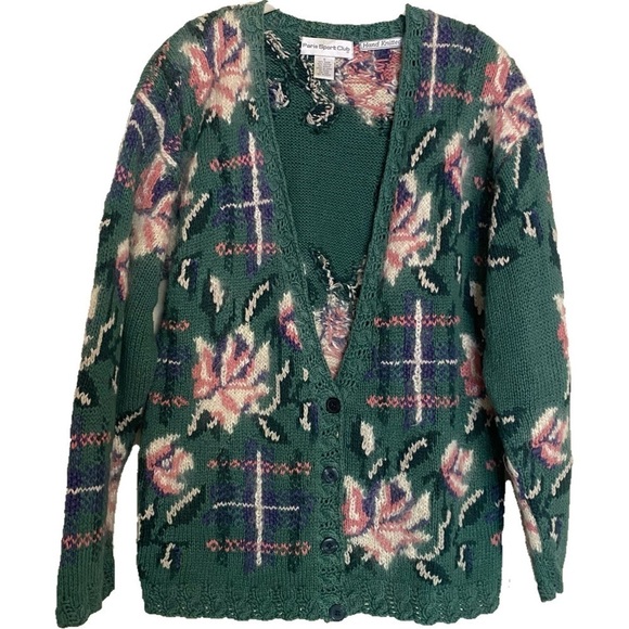 Vintage Sweaters - VTG Hand Knitted Cardigan Sweater Ramie Mohair Sz Small Floral Cottage Feminine